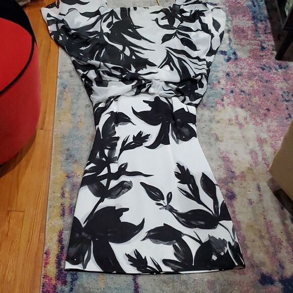Vince Camuto Black & White Floral Dress with Sheer Sheath Overlay Size 12 - Picture 13 of 16